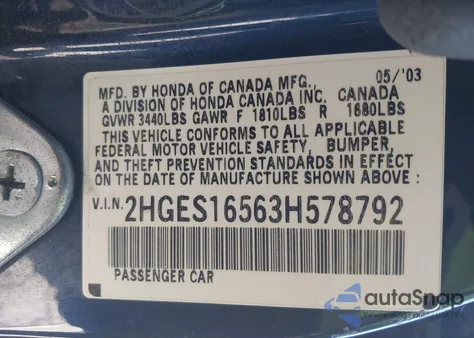2003 Honda Civic Lx z USA, uszkodzony, nr VIN 2HGES16563H578792